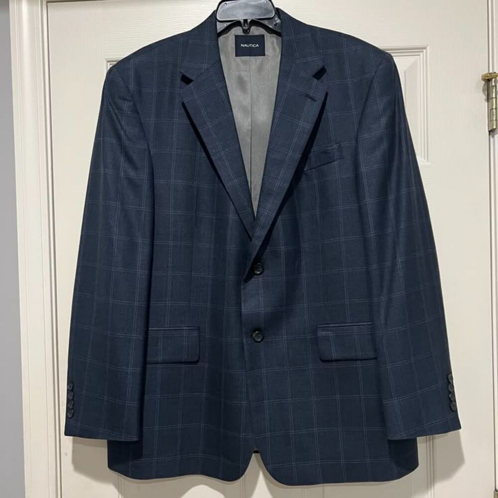 Nautica Wool Silk Navy Plaid Windowpane Two-Button Sport Coat Blazer Size 43R